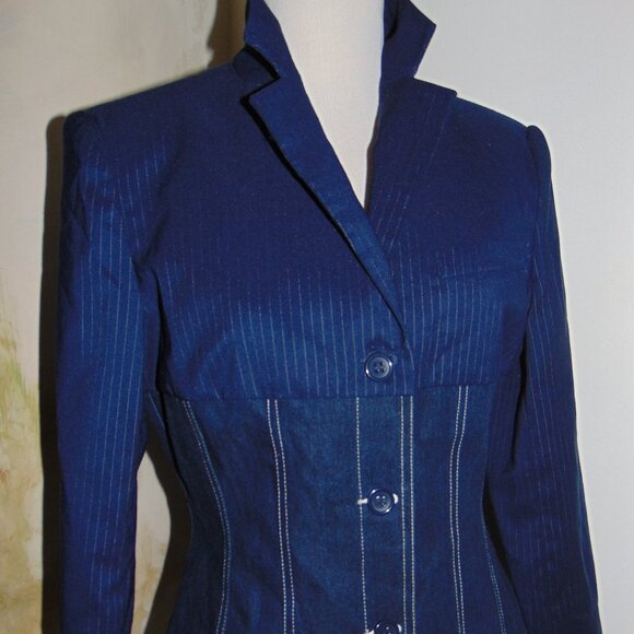 Vintage Y2K Windsor Fashions Blazer Denim & Pin Stripe Jacket Blue Fitted 13 - Picture 2 of 10